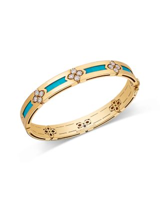 18K Yellow Gold Love in Verona Turquoise & Diamond Flower Bangle Bracelet