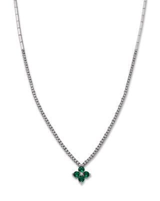 Emerald & Diamond Clover Tennis Necklace in 14K White Gold, 16"