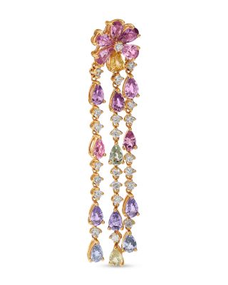 Multicolor Sapphire & Diamond Flower Drop Earrings in 18K Yellow Gold