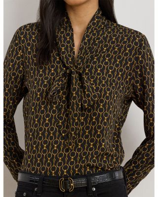 Chain Print Crepe Tie Neck Blouse