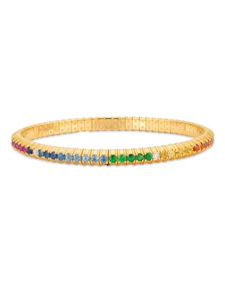 18K Yellow Gold Stretch Rainbow Sapphire, Tsavorite, & Diamond Bracelet