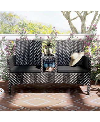 Outdoor PE Wicker Patio Conversation Loveseat with Built-in Glass End Table