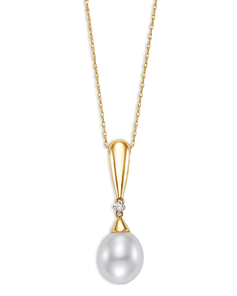 Bloomingdale's Fine Collection Diamond & Freshwater Pearl Pendant Necklace In 14k Yellow Gold, 0.03 Tcw In Gold