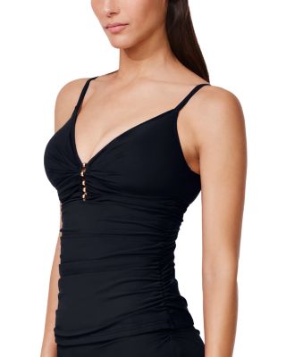 Beaded V Neck Tankini Top &amp; Mid Rise Shirred Bikini Bottom