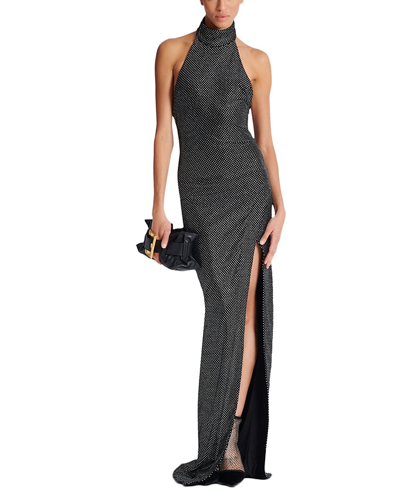 Balmain Long Velvet Halterneck Dress With Rhinestones In Black