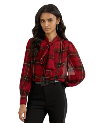 Checked Plaid Georgette Tie Neck Blouse