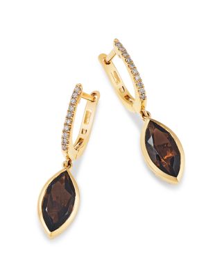 Smokey Quartz & Champagne Diamond Marquis Dangle Huggie Hoop Earrings in 14K Yellow Gold