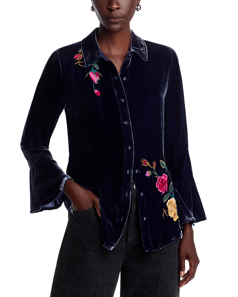 Johnny Was Velvet Bell Sleeve Blouse In Blue