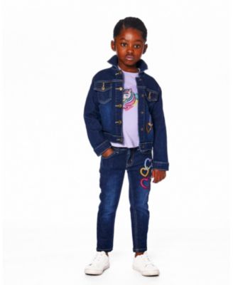 Girls' Stretch Denim Jacket with Glittery Hearts and Unicorn - Big Kid