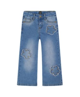 Girls' Wide Leg Stretch Jeans with Flower Stitching - Big Kid