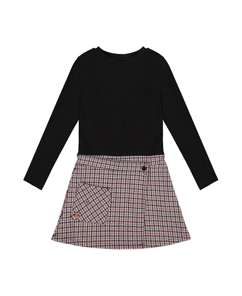 Deux Par Deux Girls' Bi-material Dress And Houndstooth - Little Kid In Black