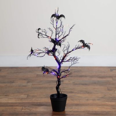 3' Pre-Lit Artificial Halloween Black Spooky Twig Tree with Bats and 100 Orange & Purple LED Lights