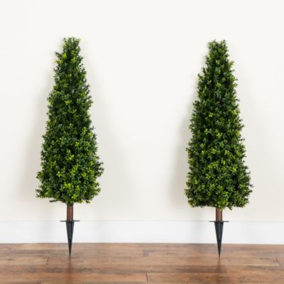 4' UV Resistant Artificial Boxwood Plant with Integrated Ground Stake (Indoor/Outdoor) - Set of 2