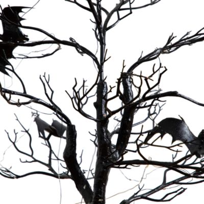 4' Pre-Lit Artificial Halloween Black Spooky Twig Tree with Bats and 120 Orange & Purple LED Lights