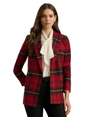 Plaid Double Breasted Wool Blend Blazer