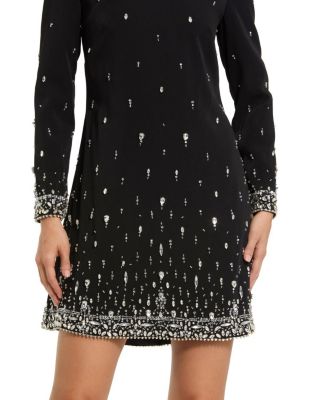Embellished Crepe Long Sleeve Mini Dress