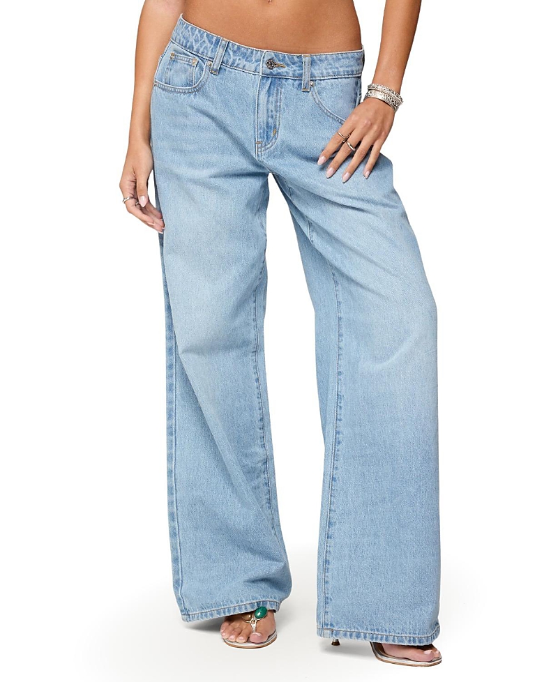 Edikted Mirra Embroidered Flower Low Rise Light Rinse Jeans In Blue