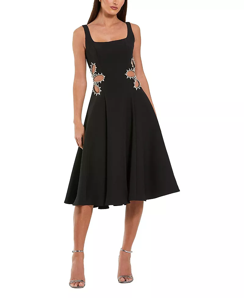 Mac Duggal Sleeveless Crepe Rhinestone Cutout Midi Dress