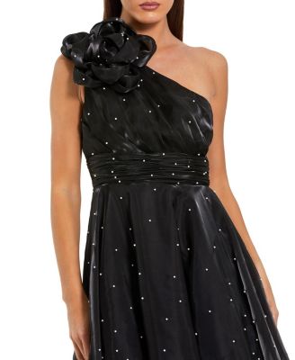  Pearl Beaded Organza One Shoulder Midi Dress