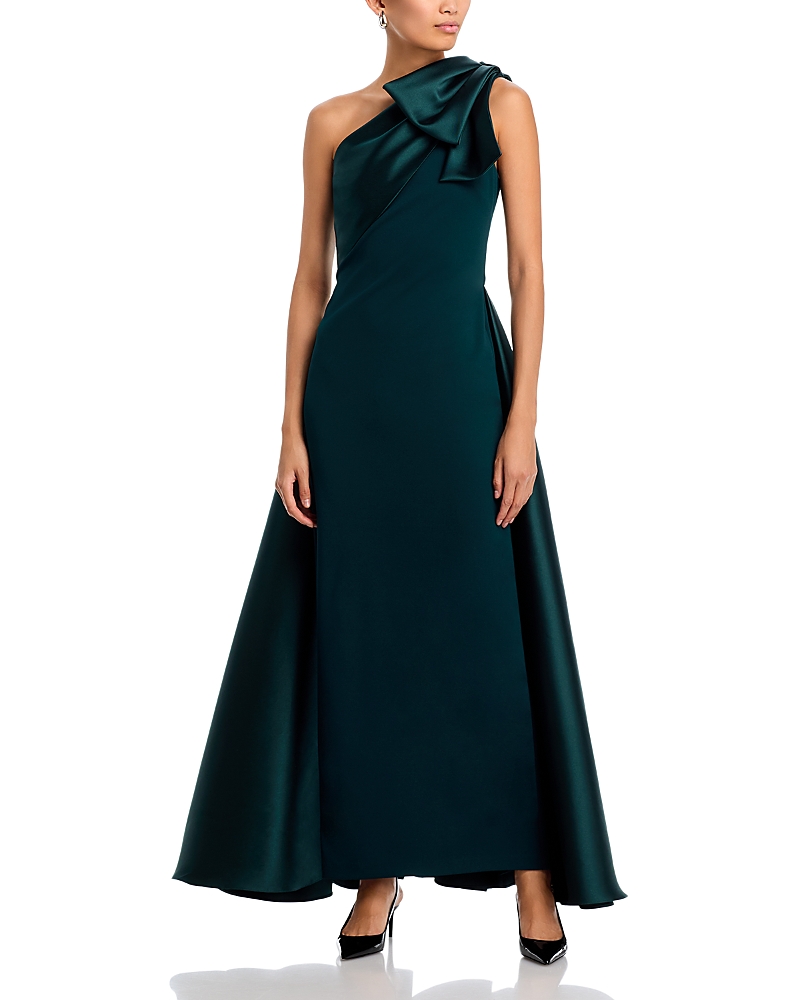 Aqua Long Mikado One Shoulder Bow Fit And Flare Gown - Exclusive In Green