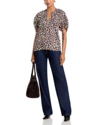 Leopard Print Ruched Sleeve Top