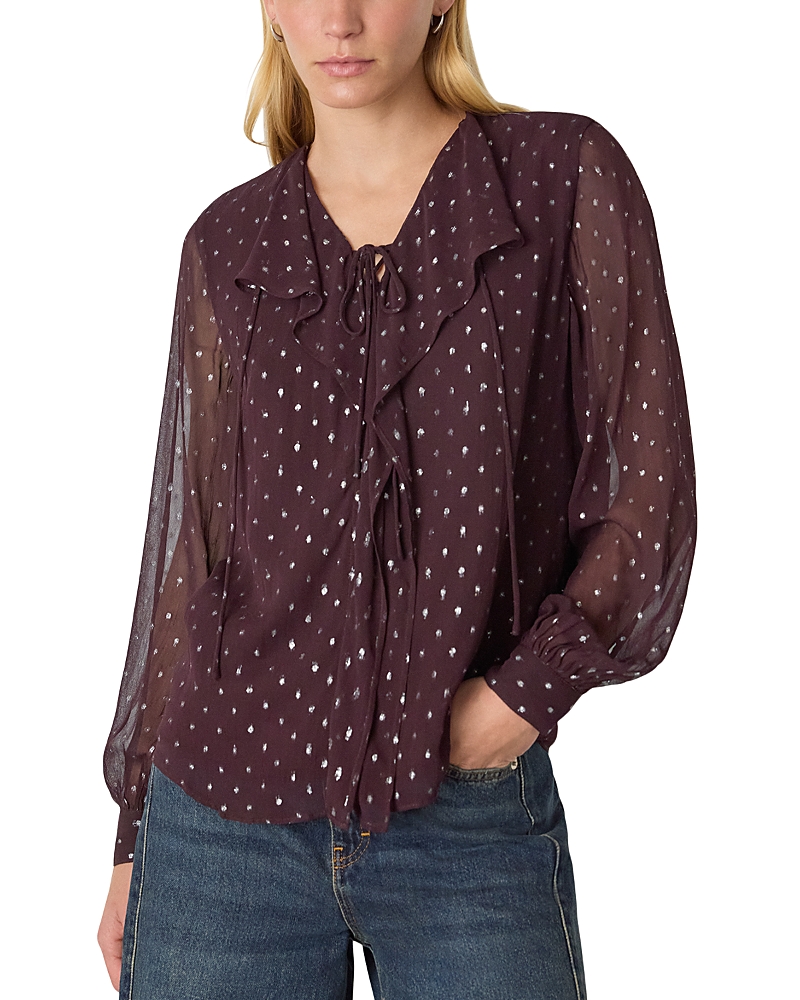Whistles Metallic Dobby Frill Blouse In Burgundy