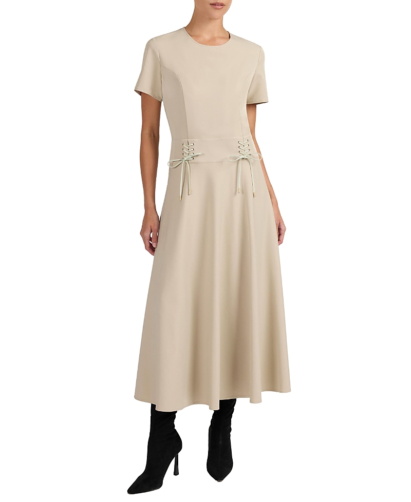 Santorelli Octavia Short Sleeve Dress With Leather Lacing Detail In Neutral