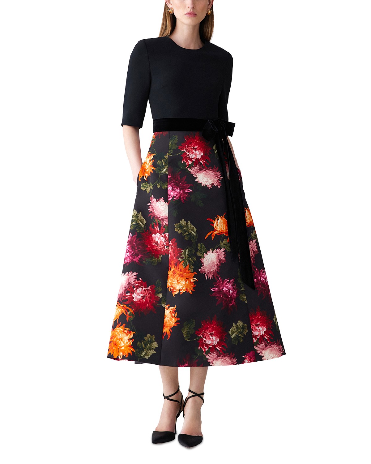 Carolina Herrera Elbow Sleeve Midi Dress in Black Multi