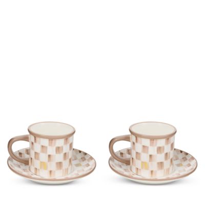 MacKenzie-Childs Courtly Flower Market Stoneware Espresso Cup & Saucer, Set of 2, Mocha Check