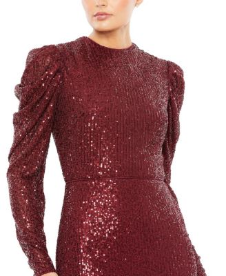  Sequined High Neck Puff Sleeve Column Gown