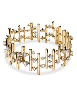 18K Yellow Gold Barre Diamond Multirow Bar Link Statement Bracelet