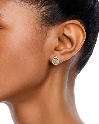 White & Yellow Diamond Halo Stud Earrings in 14K White & Yellow Gold, 1.66 tcw