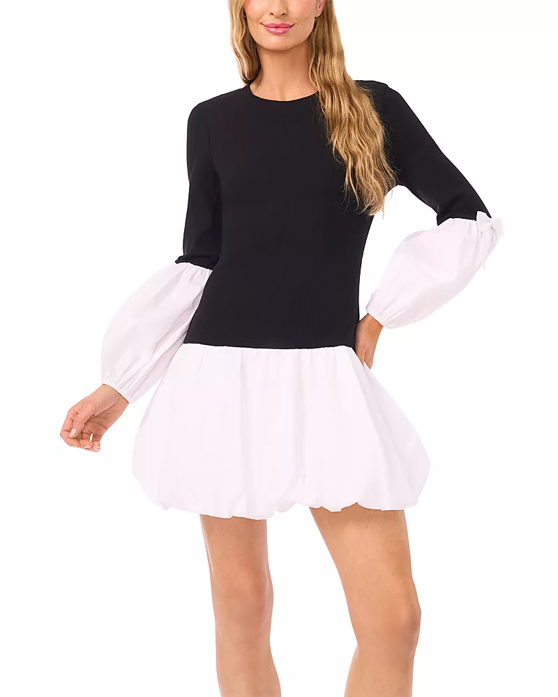 CeCe Mixed Media Balloon Sleeve Dress