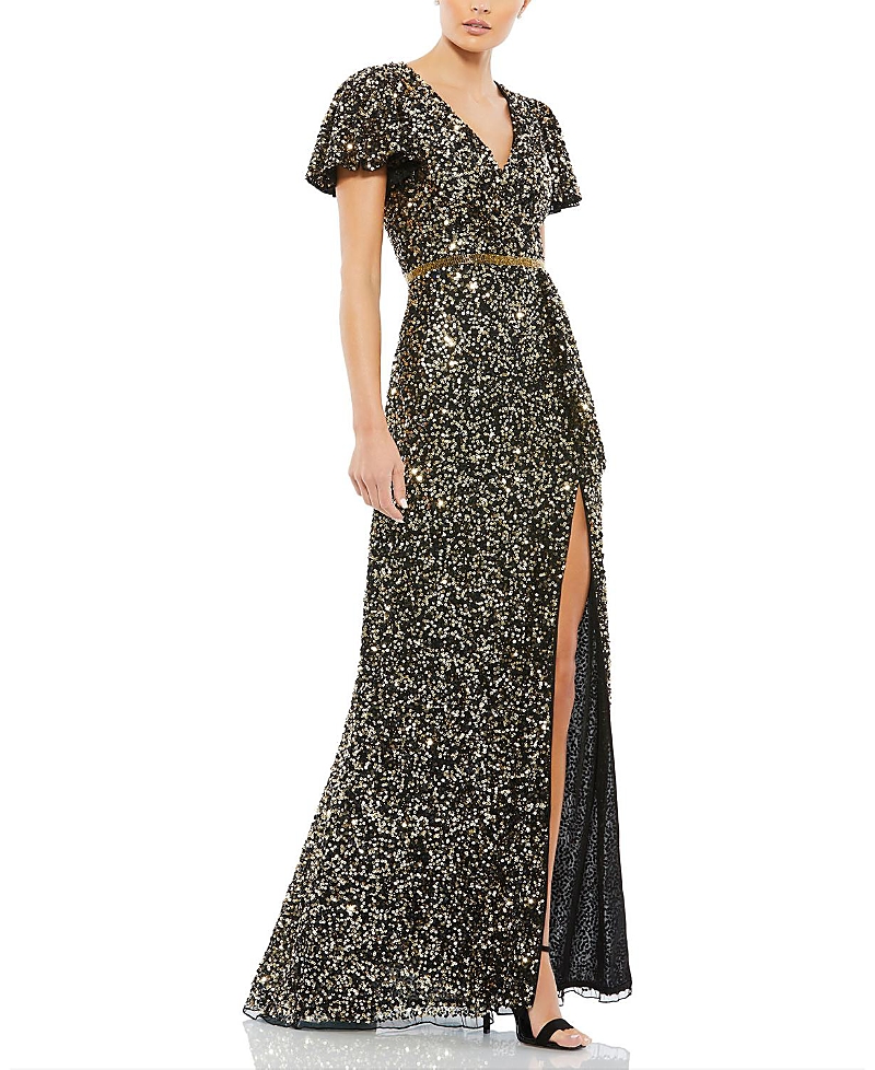 Mac Duggal Sequined Wrap Over Butterfly Sleeve Draped Gown In Black