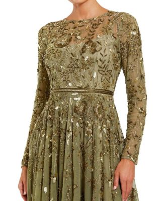 Long Sleeve Hand Embellished Floral A-line Gown