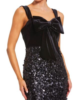 Sequin Column Gown with Velvet Bow Detail