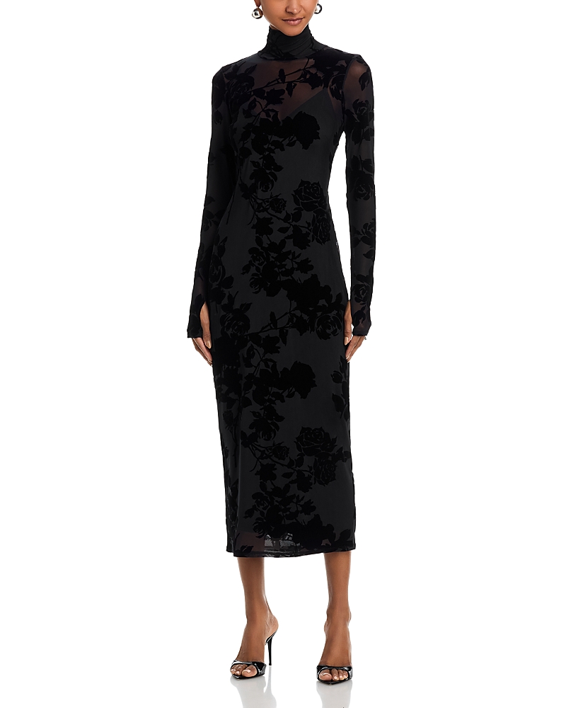 Afrm Shailene Flocked Long Sleeve Mesh Midi Dress In Black