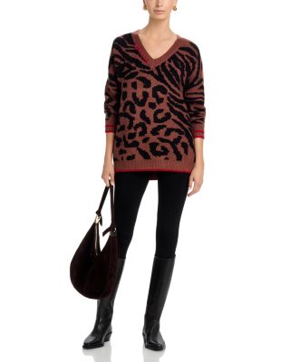 V Neck Animal Print Jacquard Sweater