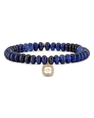 14K Yellow Gold Blue Sapphire Bead & Diamond Starburst Charm Bracelet