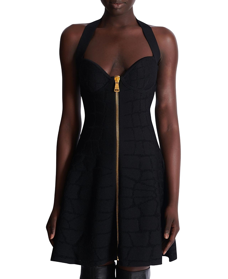 Balmain Flared Halterneck Dress In Crocodile Knit In Black