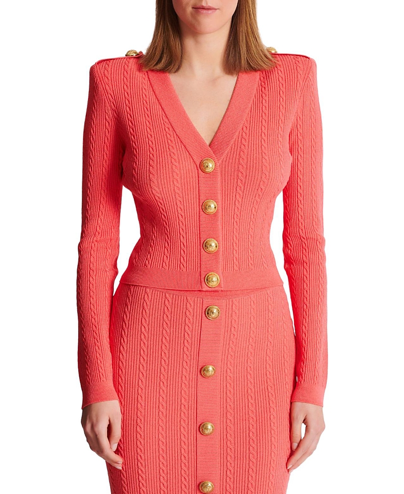 Balmain Long-sleeved Cable-knit Cardigan In Pink