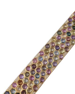 18K Yellow Gold Honeycomb Rainbow Sapphire & Diamond Pav&eacute; Cuff Bracelet