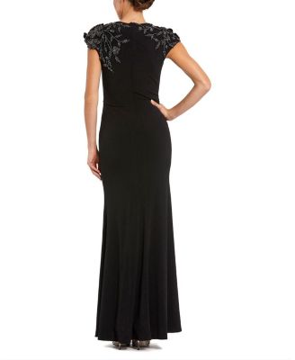 Jersey Cap Sleeve Fitted Gown With Beaded Flowers