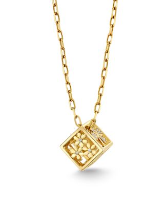 Diamond Pav&eacute; Flower Open Dice Pendant Necklace in 14K Yellow Gold, 0.42 tcw