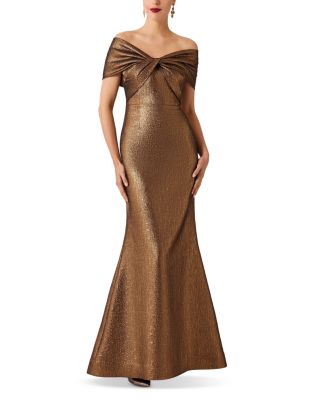 Off Shoulder Twist Metallic Jacquard Gown