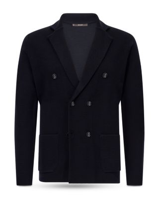 Extra Fine Merino Wool Knitted Regular Fit Double Breasted Blazer - Exclusive