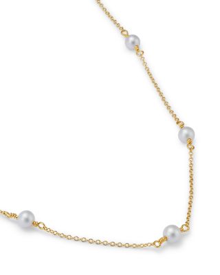 14K Yellow Gold White Pearls Cultured Freshwater Pearl Station Statement Necklace, 16-18"