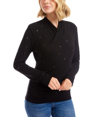 Long Sleeve Embellished Drape Front Crossover Top