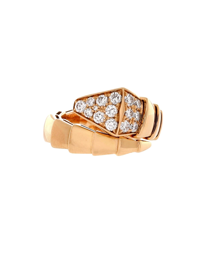 PRE-OWNED BVLGARI Pre-owned  Bvlgari Wide Serpenti Viper One-coil Ring 18k Rose Gold With Diamonds In Pink