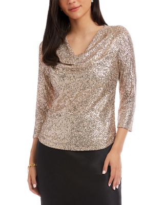 Three Quarter Sleeve Drape Front Sequin Top